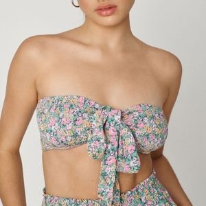 GARAGE Green Floral Tie-Front Smocked Strapless Bandeau Tube Top - Size XXS, 00